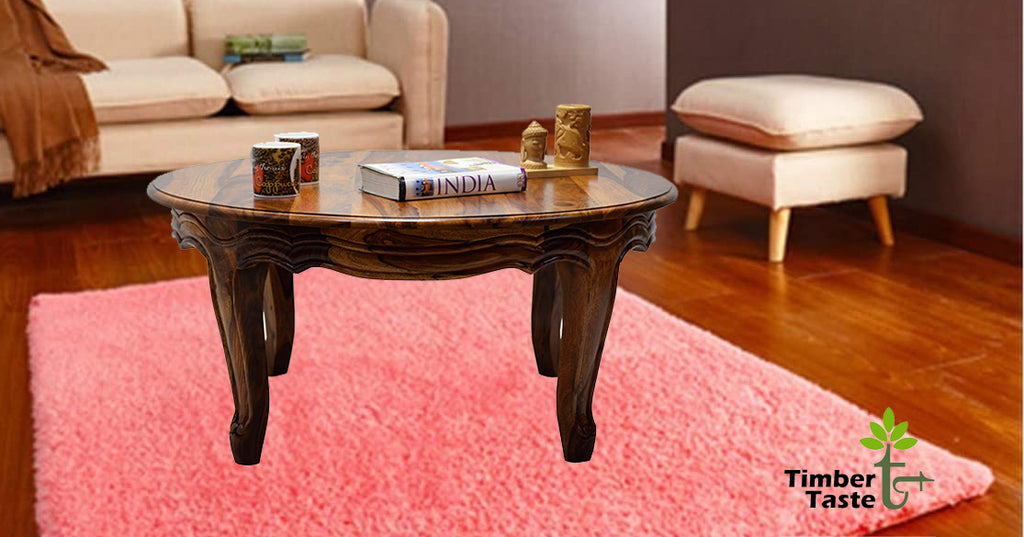 TimberTaste Sheesham Solid Wood CURVO Round Carving Natural Teak Finish Coffee Center Table Teapoy