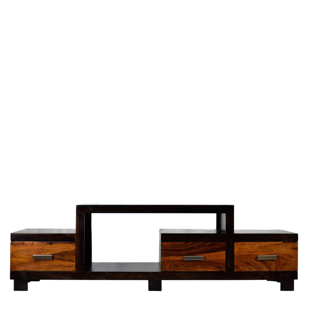TimberTaste Sheesham Wood NEWNADIA 3 Draw TV Cabinet Dark Walnut With Teak Draw.