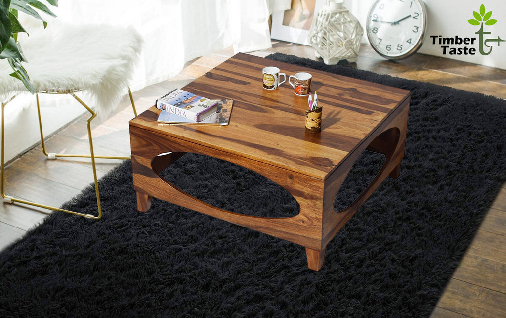 Timbertaste Sheesham Solid Wood Oval Natural Teak Finish Coffee Center Table Teapoy