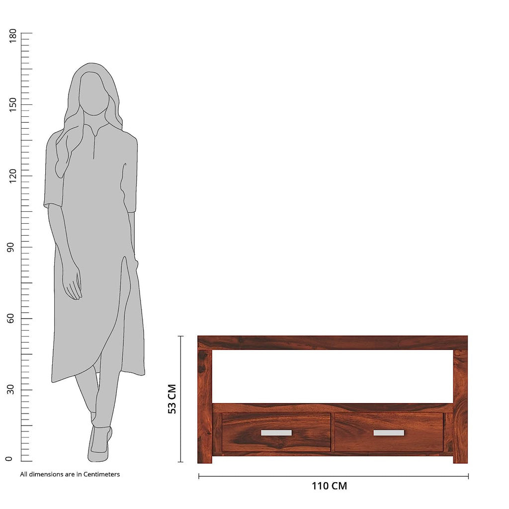 Timber Taste Sheesham Wood TV Unit with 2 Drawers & 1 Open Shelf | TV Organizer Cabinet (Honey Finish)