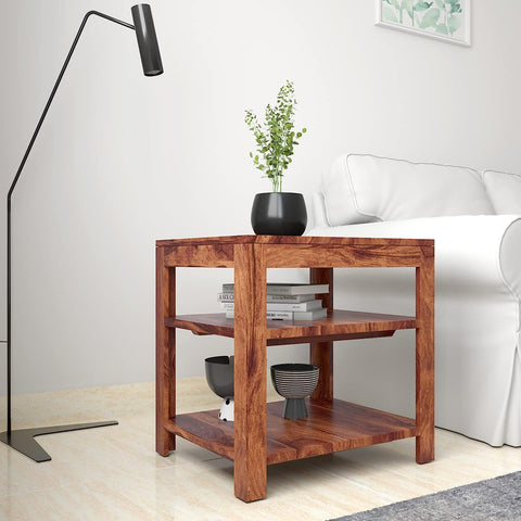 Timber Taste Sheesham Solid Wood Side Table with Open Shelves (Honey Finish)