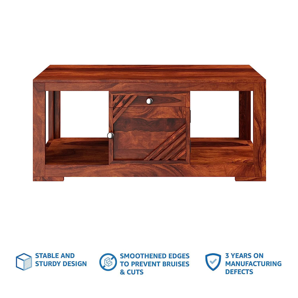 Timber Taste Sheesham Wood ALFA Centre Coffee Table with 1 Drawer One Door Cupboard and 2 Open Shelves (Honey Finish)