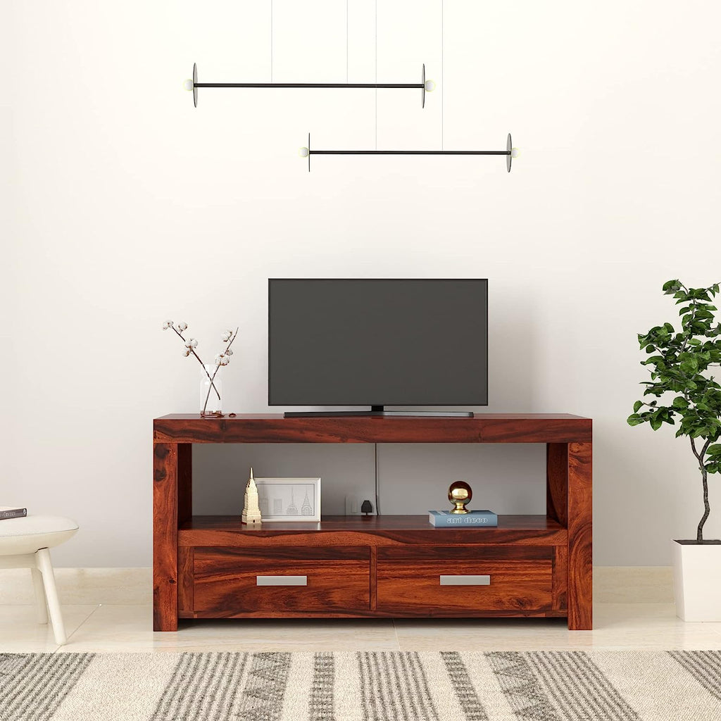 Timber Taste Sheesham Wood TV Unit with 2 Drawers & 1 Open Shelf | TV Organizer Cabinet (Honey Finish)