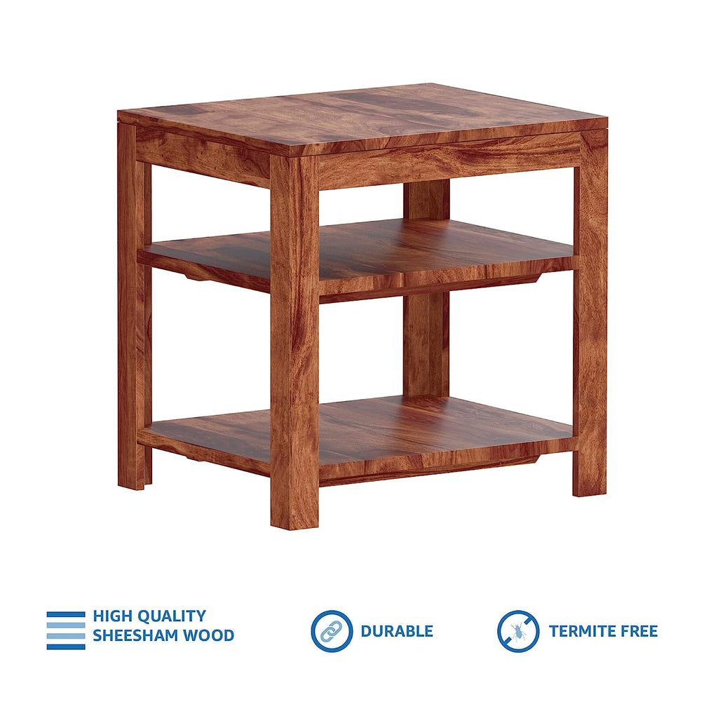 Timber Taste Sheesham Solid Wood Side Table with Open Shelves (Honey Finish)