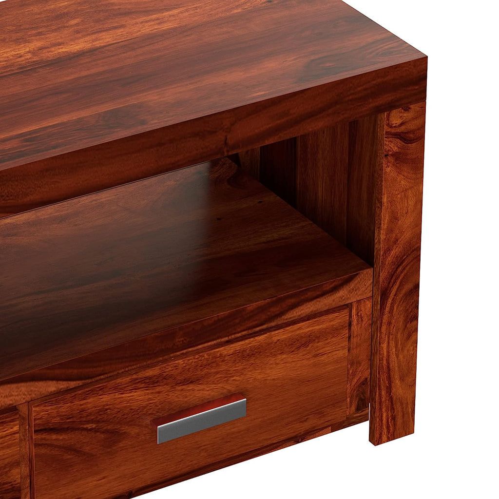 Timber Taste Sheesham Wood TV Unit with 2 Drawers & 1 Open Shelf | TV Organizer Cabinet (Honey Finish)