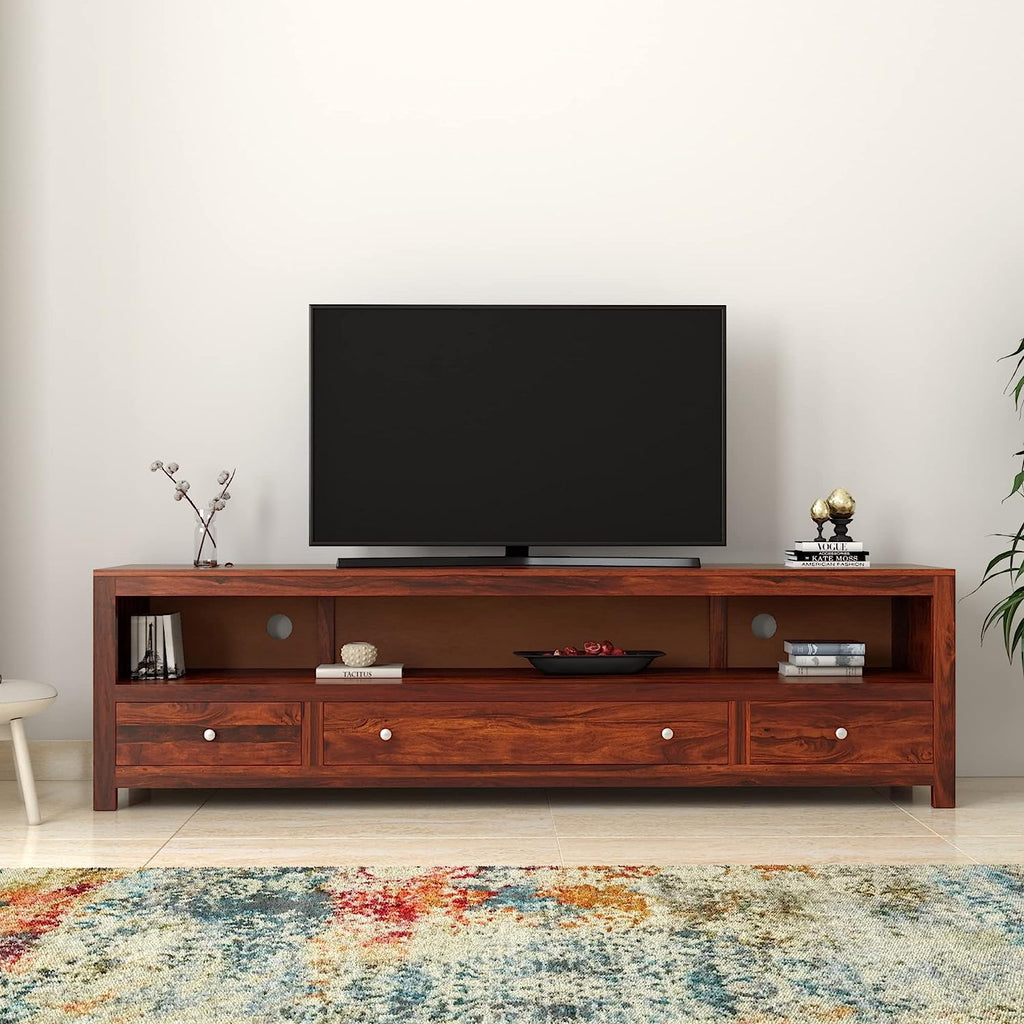 Timber Taste Sheesham Wood TV Cabinet 3 Drawers & 1 Open Shelf, TV Unit (Honey Finish)