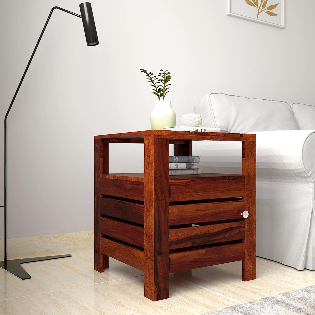 Timber Taste Sheesham Wood Side Table with One Open Shelf and 1 Bottom Cabinet
