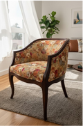 An upholstered accent chair with a curved back and dark wood frame, featuring a floral patterned fabric, shown in a bright living room setting.