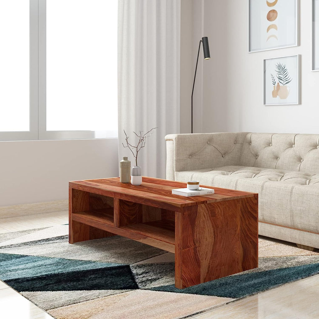 Timber Taste Sheesham Wood Center Table | Coffee Table with 2 Open Shelves