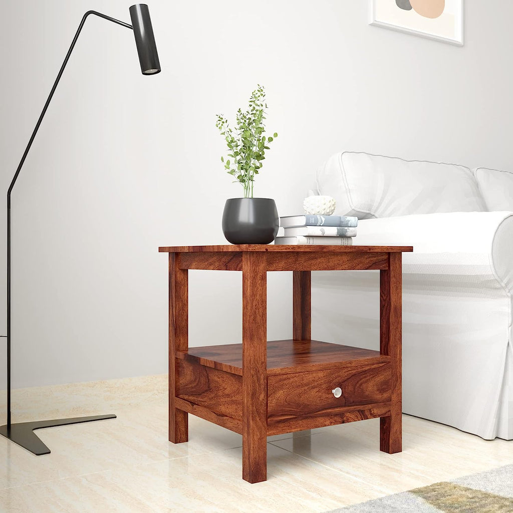 Timber Taste Sheesham Wood Side Table with 1 Drawer and 1 Open Shelf