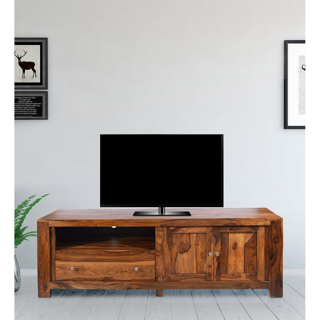 TimberTaste Solid Sheesham (Rosewood) Wood NEWCUBA TV Cabinet (Natural Teak Finish).