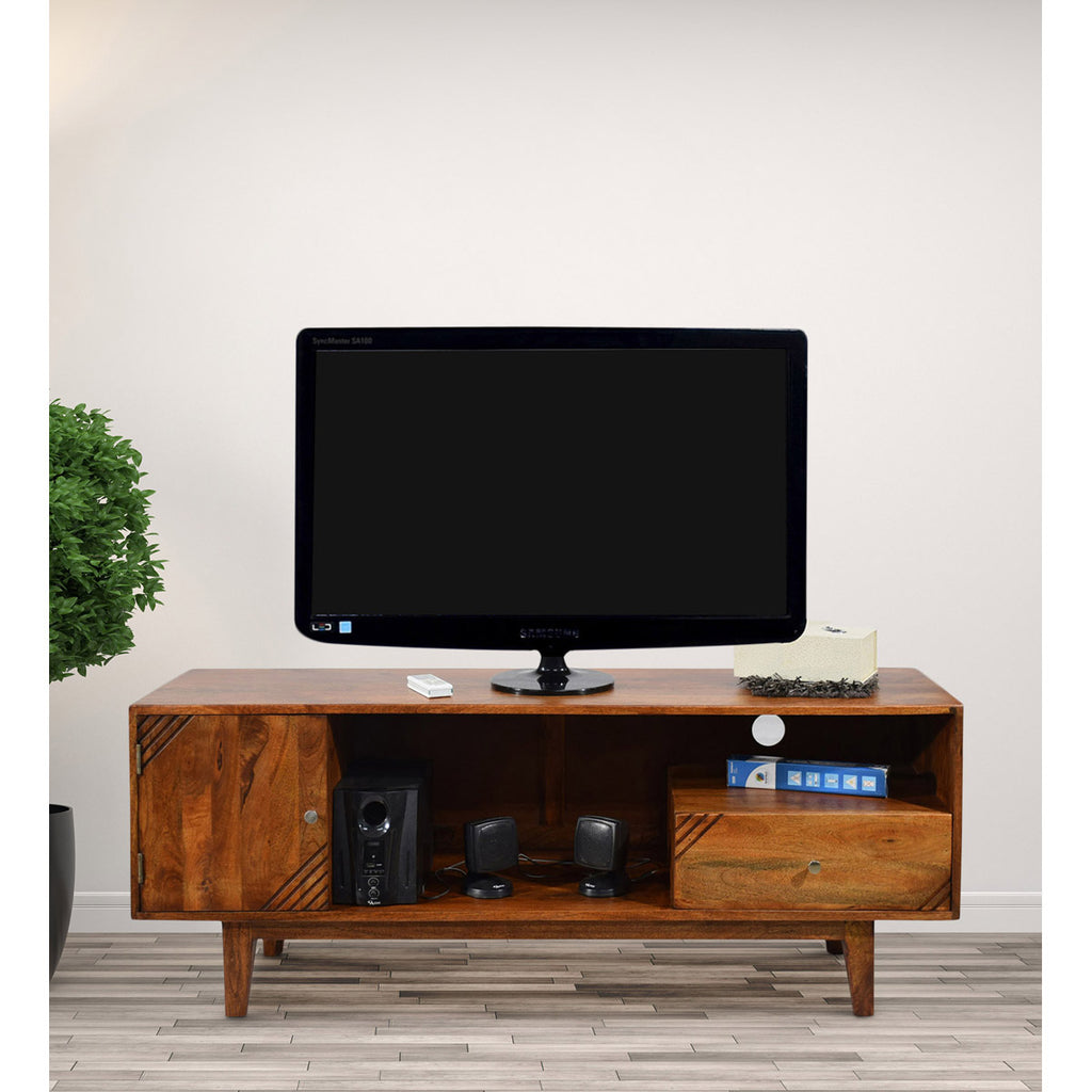 TimberTaste Solid Wood SHABY 1.45 Meter 1 Door 1 Draw TV Unit Cabinet Entertainment Stand (Natural Teak Finish).