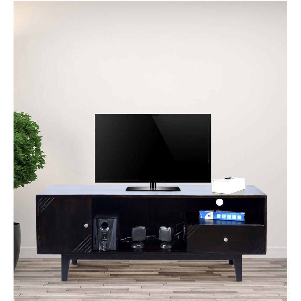 TimberTaste Solid Wood SHABY 1.45 Meter 1 Door 1 Draw TV Unit Cabinet Entertainment Stand (Dark Walnut Finish).