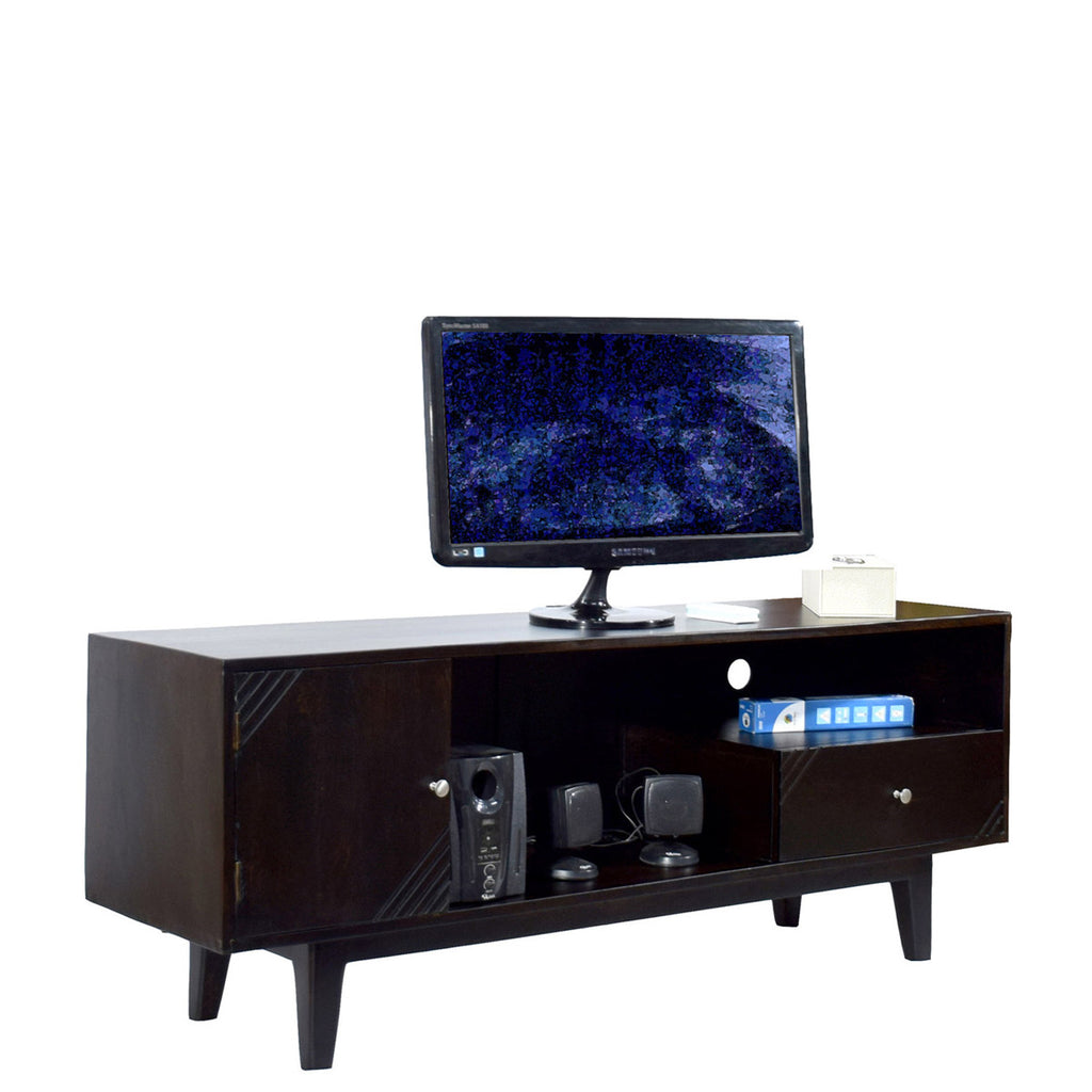 TimberTaste Solid Wood SHABY 1.45 Meter 1 Door 1 Draw TV Unit Cabinet Entertainment Stand (Dark Walnut Finish).