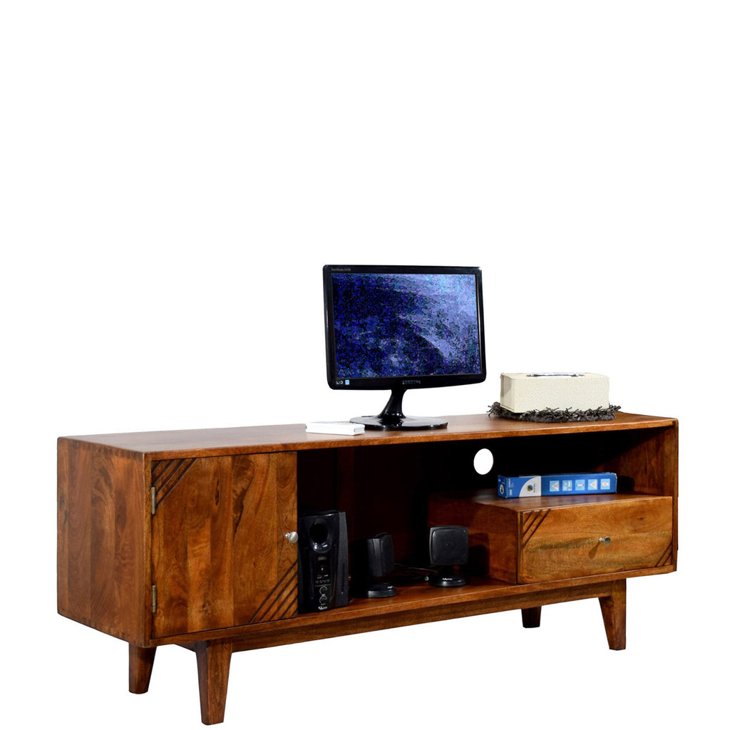 TimberTaste Solid Wood SHABY 1.45 Meter 1 Door 1 Draw TV Unit Cabinet Entertainment Stand (Natural Teak Finish).