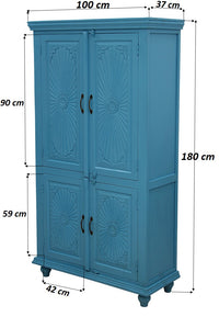 Timbertaste Natali Antique Blue 4-Door Carved Wardrobe Made With Mango Wood And MDF Bedroom | Home Decor