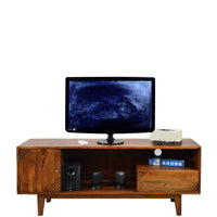 TimberTaste Solid Wood SHABY 1.45 Meter 1 Door 1 Draw TV Unit Cabinet Entertainment Stand (Natural Teak Finish).