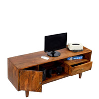 TimberTaste Solid Wood SHABY 1.45 Meter 1 Door 1 Draw TV Unit Cabinet Entertainment Stand (Natural Teak Finish).