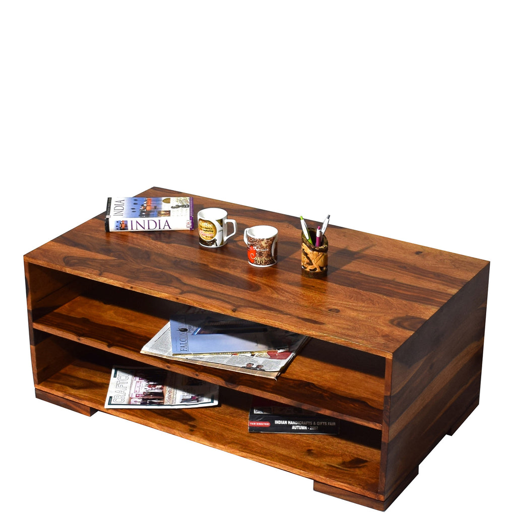 Timbertaste Sheesham Solid Wood 1SHELF Natural Teak Finish Coffee Center Table Teapoy, Sheesham wood coffee table, rosewood, center table, solid wood table, teapoy, fish tank stand Teak Finish