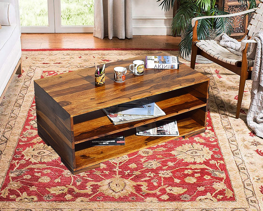 TimberTaste Sheesham Wood 1SHELF Natural Teak Finish Coffee Center Table Teapoy