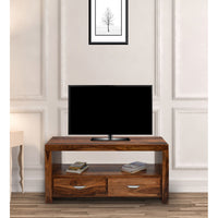 TimberTaste Sheesham Wood 1.10 Meter Natural Teak Finish 2 Draw TV Unit Cabinet Entertainment Stand.