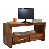 TimberTaste Sheesham Wood 1.10 Meter Natural Teak Finish 2 Draw TV Unit Cabinet Entertainment Stand.