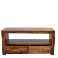 TimberTaste Sheesham Wood 1.10 Meter Natural Teak Finish 2 Draw TV Unit Cabinet Entertainment Stand.