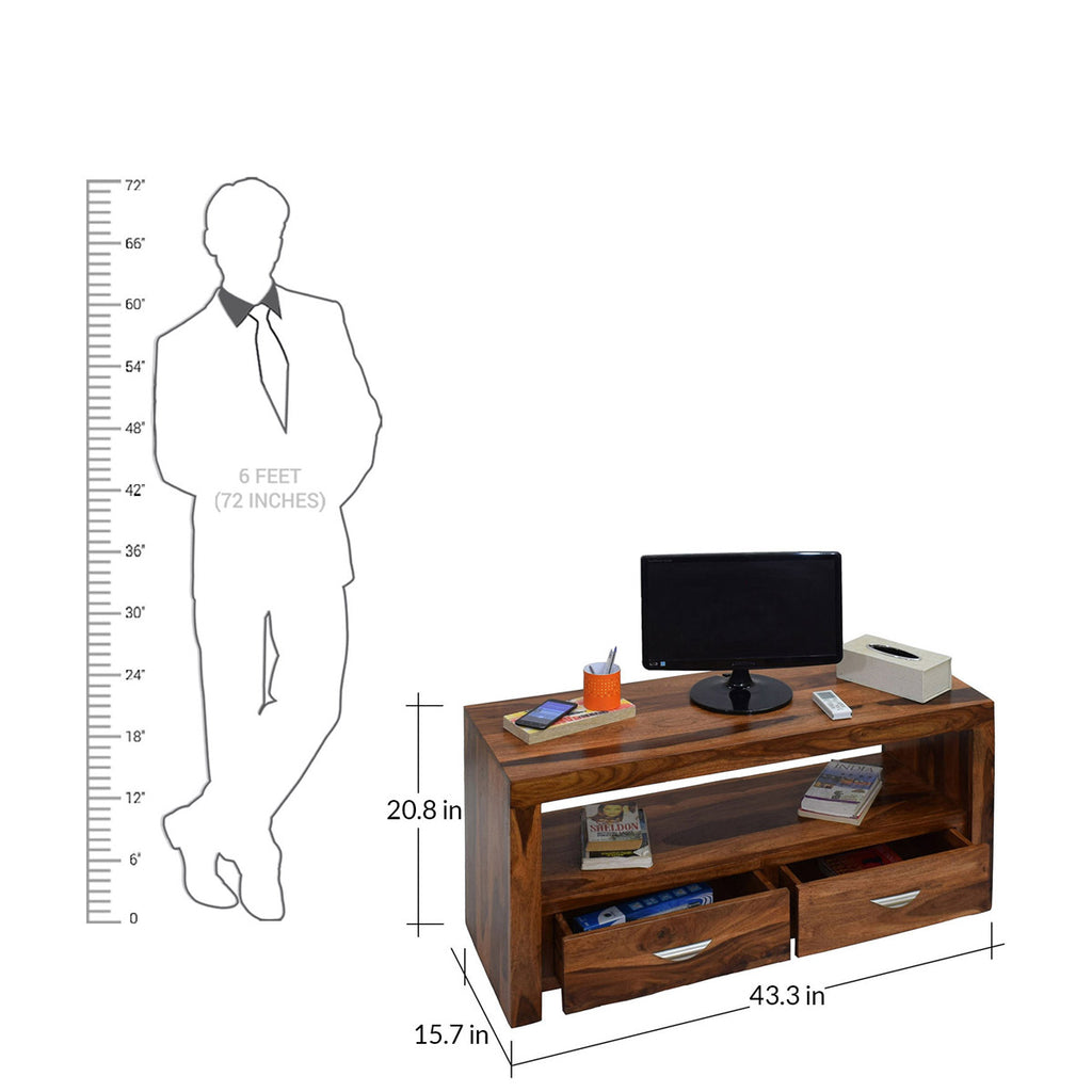 TimberTaste Sheesham Wood 1.10 Meter Natural Teak Finish 2 Draw TV Unit Cabinet Entertainment Stand.