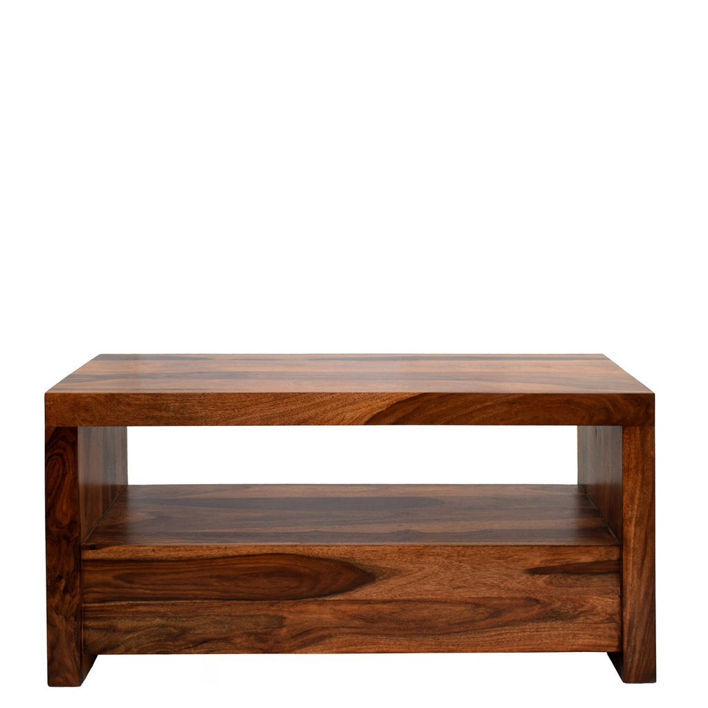 TimberTaste Sheesham Wood 1.10 Meter Natural Teak Finish 2 Draw TV Unit Cabinet Entertainment Stand.