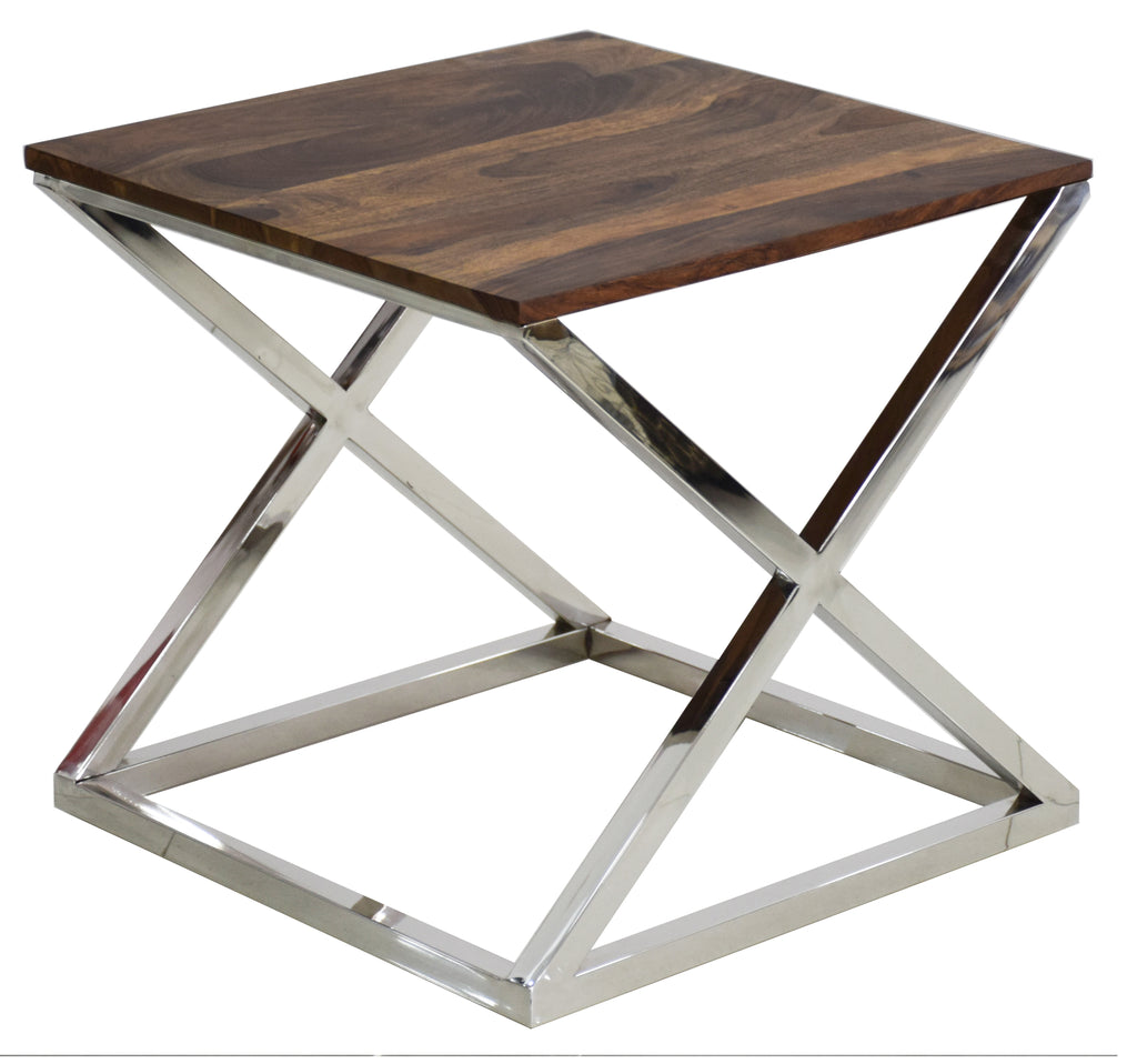 Timbertaste Solid Sheesham Wood Top Stainless Steel Cross legs Jui Accent Side Table ( Provincial Teak)