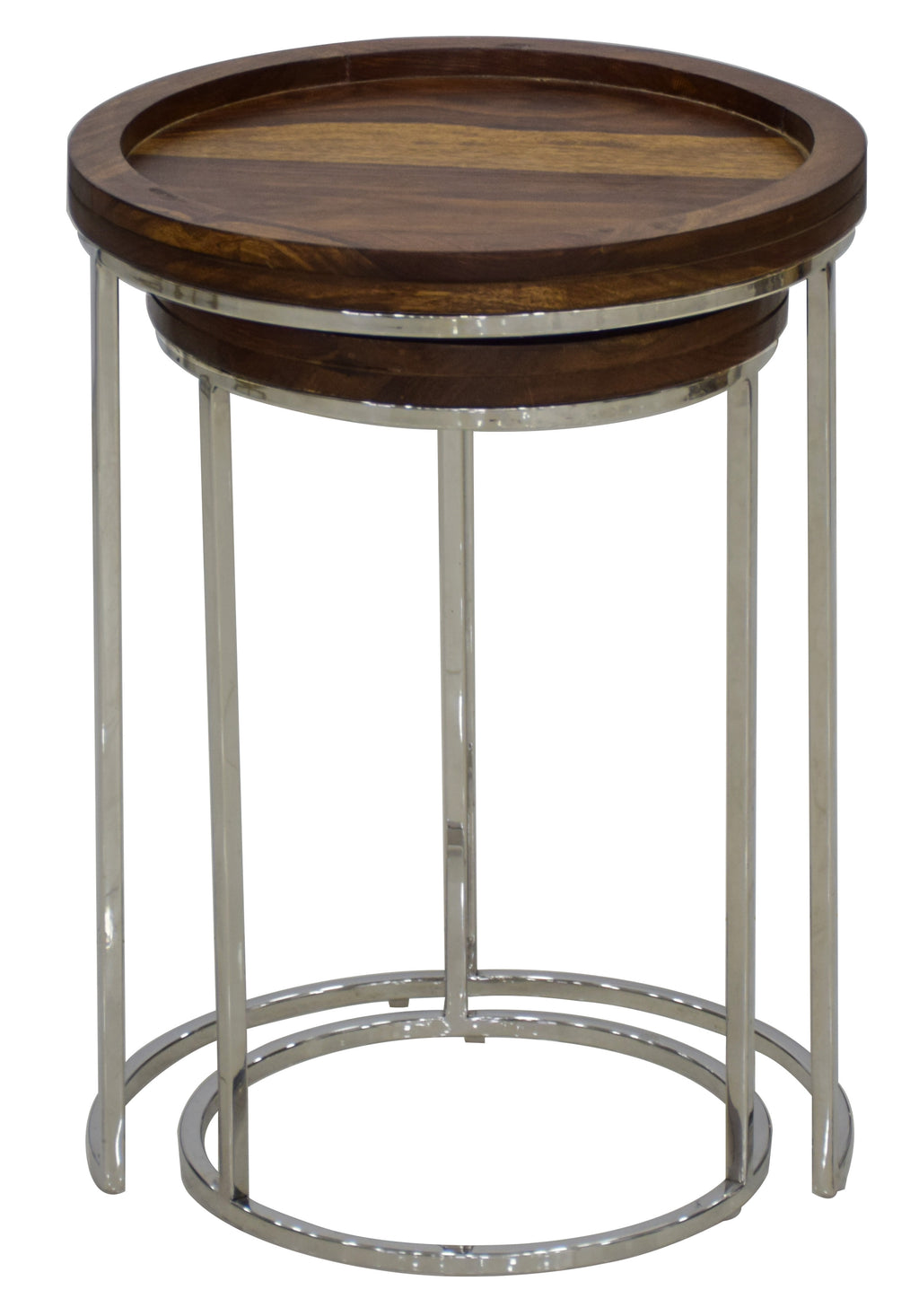 Timbertaste Solid Sheesham Wood Top Steel Round Aiyana Nesting Table ( Set Of Two, Provincial Teak)