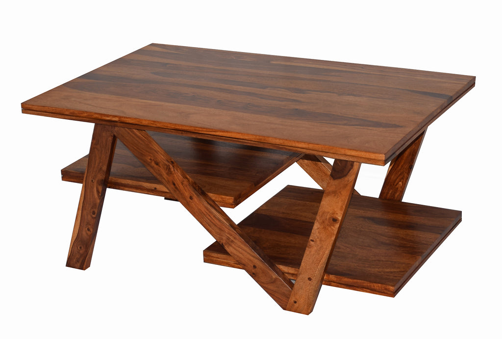 Timbertaste Sheesham Solid Wood 3STEP Natural Teak Finish Coffee Center Table Teapoy, Sheesham wood coffee table, rosewood, center table, solid wood table, teapoy, fish tank stand Teak Finish