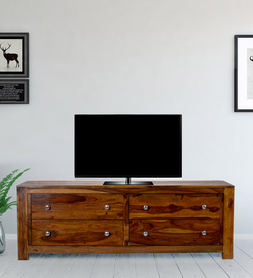 Timbertaste Solid Sheesham Wood 4DRAW TV Entertainment Unit (Color Finish- Natural Teak)