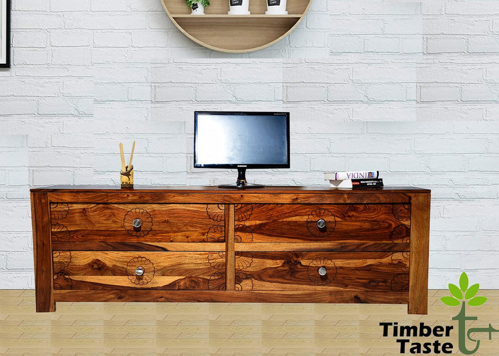TimberTaste Sheesham Wood (Rosewood) 1.72 Meter 4 DRAW Natural Teak TV Unit Cabinet