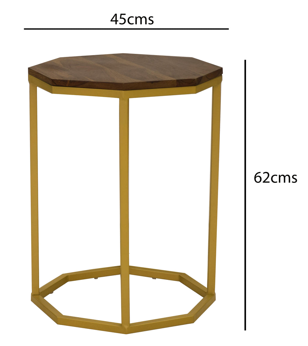 Timbertaste Solid Octagonal Sheesham Wood Top Golden Iron legs Arata Accent Side Table ( Provincial Teak)
