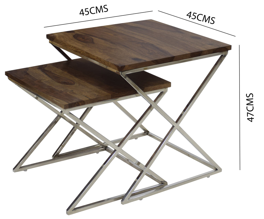 Timbertaste Solid Sheesham Wood Top Steel Cross legs Iresh Nesting Table ( Set Of Two, Provincial Teak)