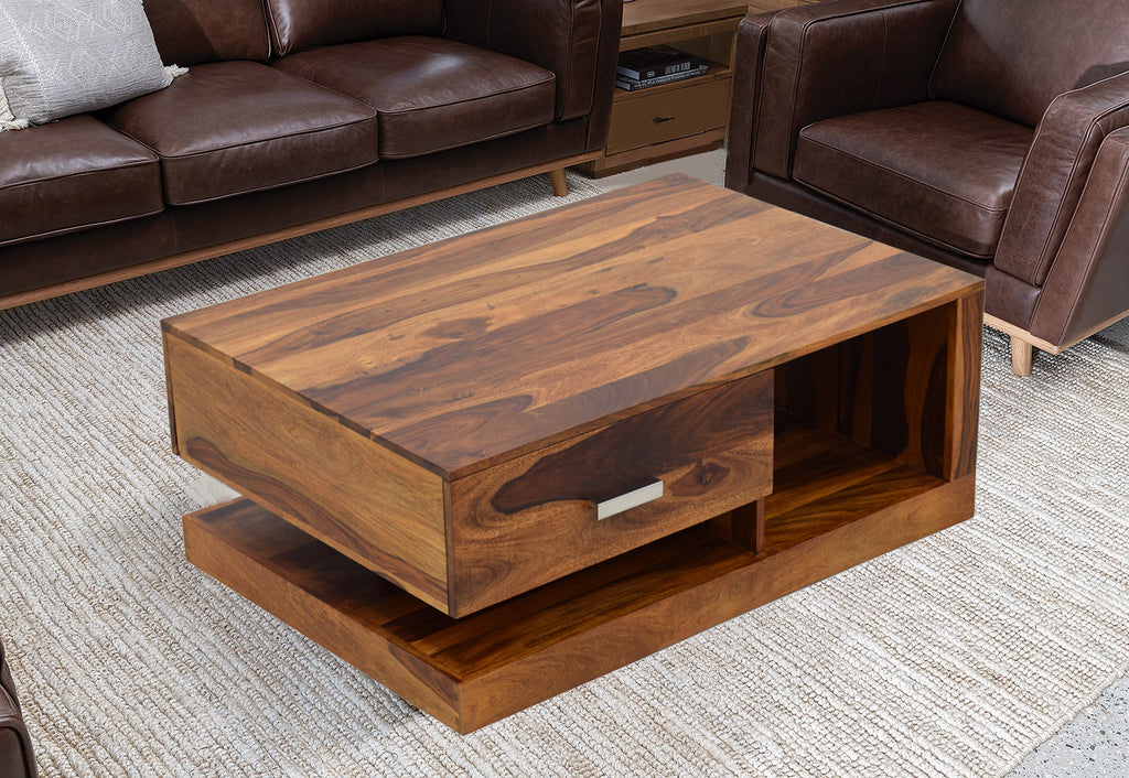 TimberTaste Sheesham Wood 1 Draw Akira Natural Teak Finish Coffee Centre Table Teapoy, daintree, Solid wood, wooden