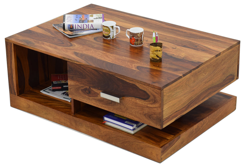 TimberTaste Sheesham Wood 1 Draw Akira Natural Teak Finish Coffee Centre Table Teapoy, daintree, Solid wood, wooden