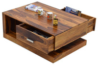 TimberTaste Sheesham Wood 1 Draw Akira Natural Teak Finish Coffee Centre Table Teapoy, daintree, Solid wood, wooden