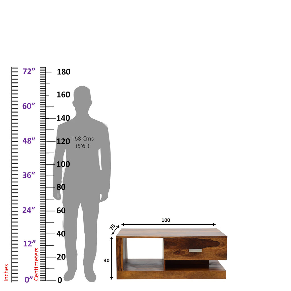 TimberTaste Sheesham Wood 1 Draw Akira Natural Teak Finish Coffee Centre Table Teapoy, daintree, Solid wood, wooden