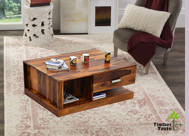 TimberTaste Sheesham Wood 1 Draw Akira Natural Teak Finish Coffee Centre Table Teapoy