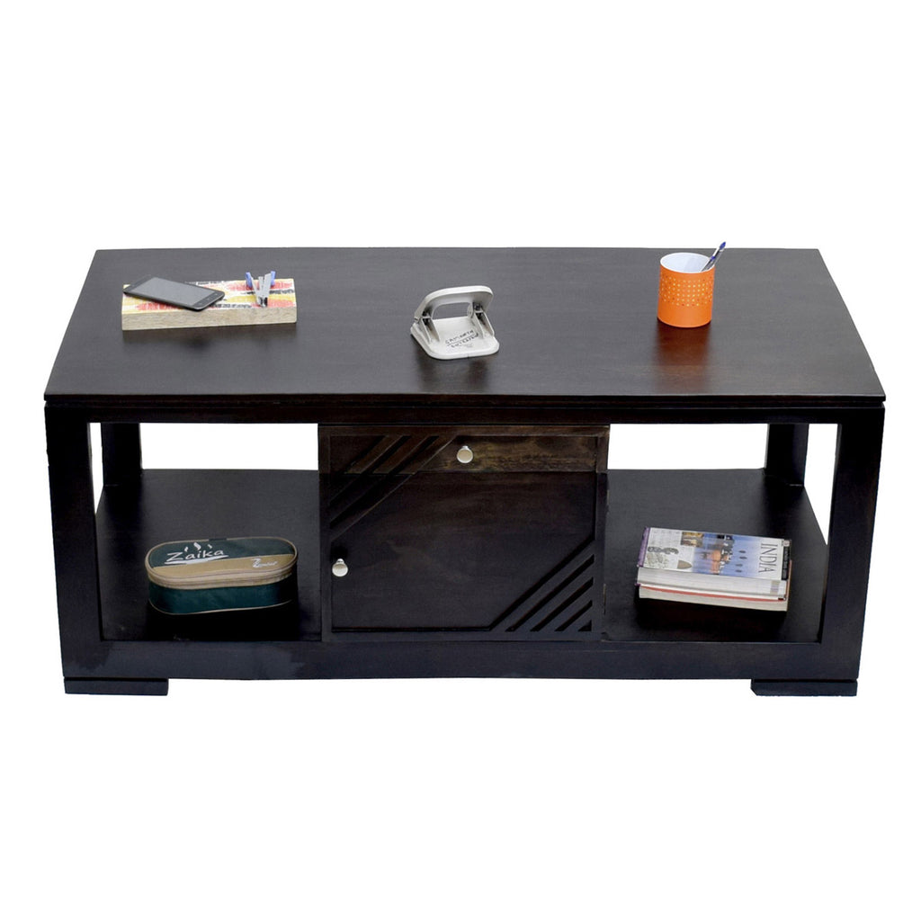 TimberTaste Sheesham Wood 1 Draw with Cabinet ALFA Dark Walnut Coffee Center Table Teapoy