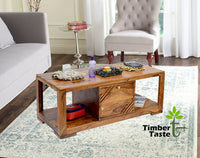 TimberTaste Sheesham Wood 1 Draw with Cabinet ALFA Natural Teak Coffee Center Table Teapoy