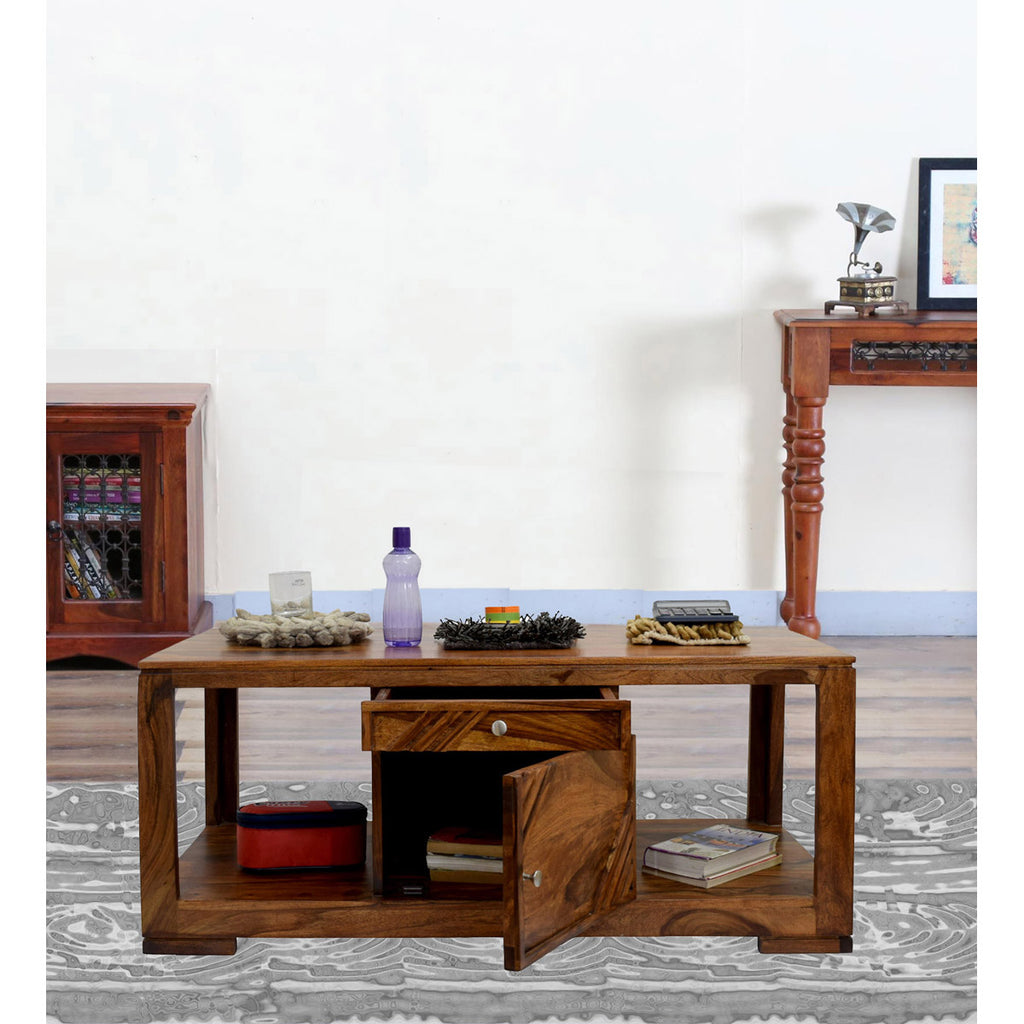 TimberTaste Sheesham Wood 1 Draw with Cabinet ALFA Natural Teak Coffee Center Table Teapoy