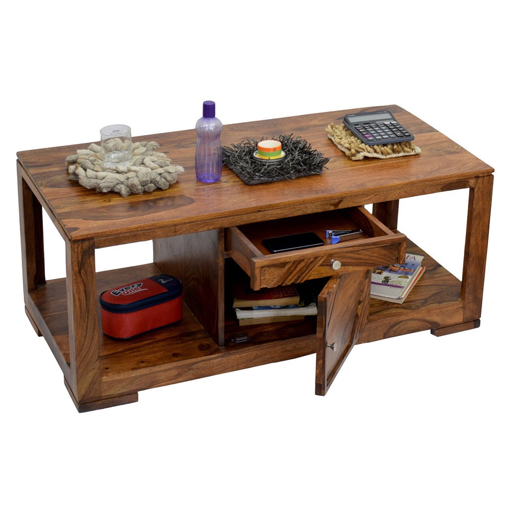 TimberTaste Sheesham Wood 1 Draw with Cabinet ALFA Natural Teak Coffee Center Table Teapoy