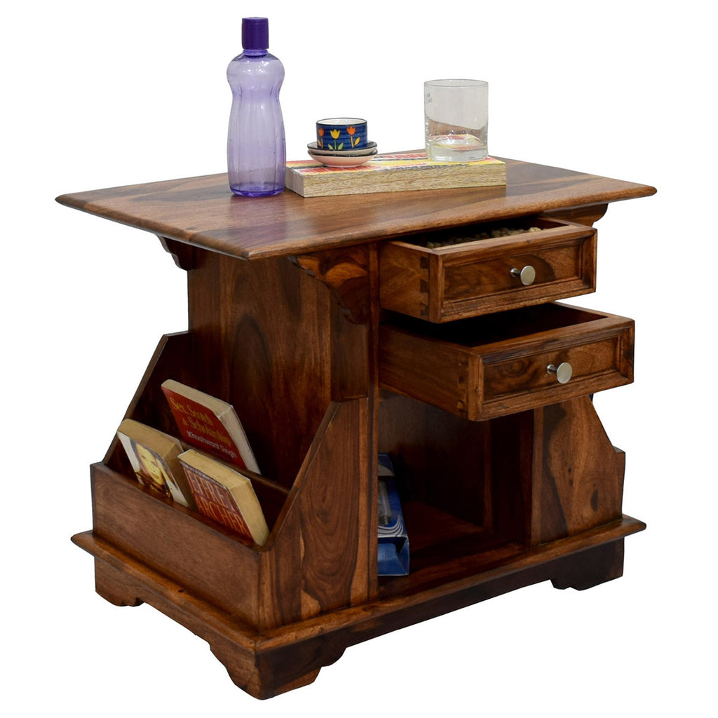 TimberTaste Sheesham Wood 2 Draw BALA Side Table Megazine stand Teak Finish