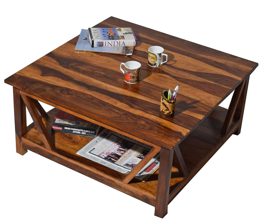 Timbertaste Sheesham Solid Wood BINGO Natural Teak Finish Coffee Center Table Teapoy, Sheesham wood coffee table, rosewood, center table, solid wood table, teapoy, fish tank stand Teak Finish