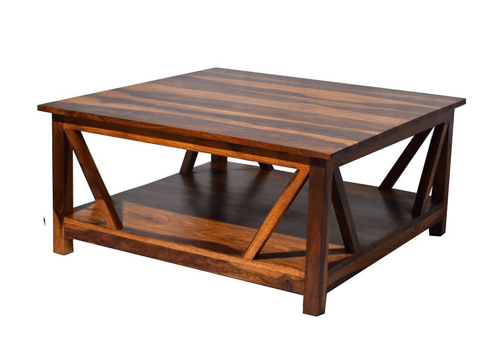 Timbertaste Sheesham Solid Wood BINGO Natural Teak Finish Coffee Center Table Teapoy, Sheesham wood coffee table, rosewood, center table, solid wood table, teapoy, fish tank stand Teak Finish