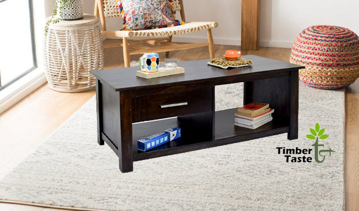 TimberTaste Sheesham Wood 1 Draw with shelves BOSCO Dark Walnut Coffee Center Table Teapoy