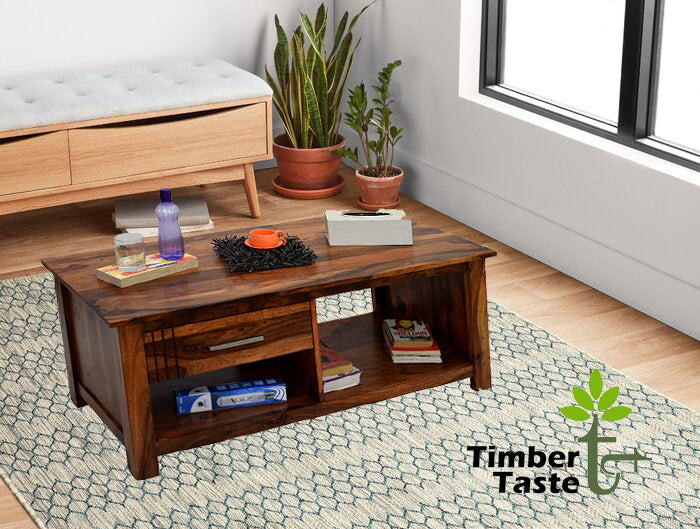 TimberTaste Sheesham Wood 1 Draw with shelves BOSCO Dark Walnut Coffee Center Table Teapoy